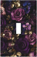Decorative Switch Cover Plate with Luxurious Purple Roses Gold Accents Leaves Design Single Gang Toggle Switch Plate Light Switch Covers Artistic Faceplate for Romantic Bedroom/Living Room