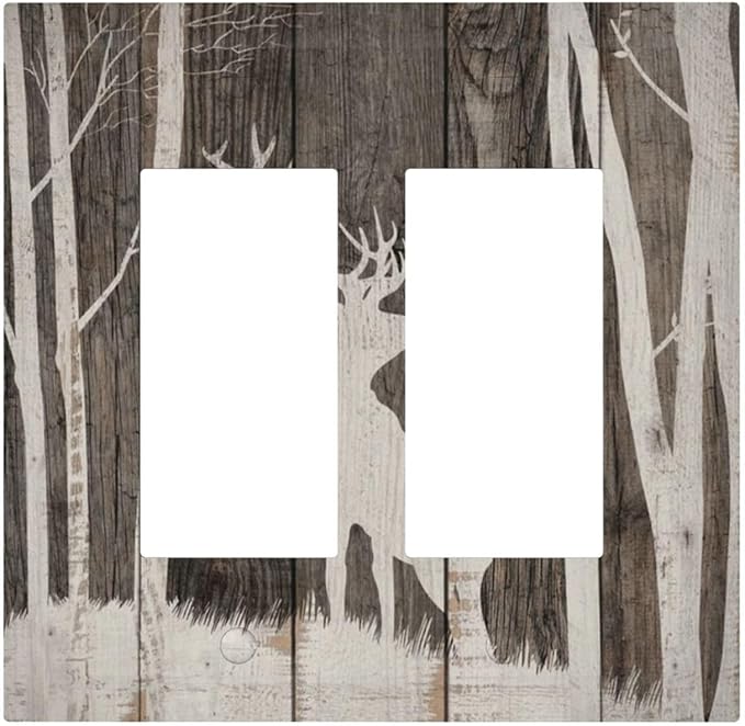 Vintage Wood Forest Deer Wildlife Animal Silhouette Decorative Outlet Covers 2 Gang Double GFCI Rocker Electrical Wall Panels Light Switch Cover Plate for Farmhouse Home Decor