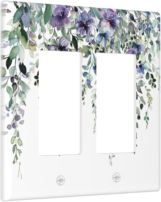 Decorative Outlet Covers Blue Purple Eucalyptus Leaves Boho Botanical 2 Gang Double Rocker Light Switch Cover Decorative Switch plates Electrical Wallplates GFCI Receptacle for Bathroom Home