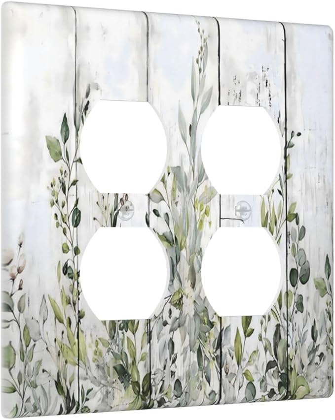 Sage Green Eucalyptus Rustic Country Botanical Leaf Flower Outlet Covers 2 Gang Double Duplex Decorative Light Switch Covers Electrical Wallplates Socket Faceplate for Farmhouse Bedroom Decor