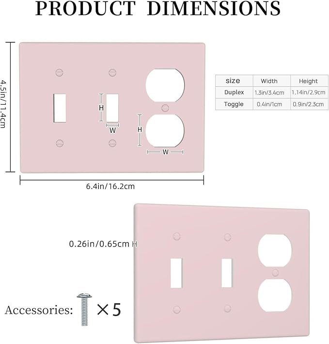 Light Pink 3 Gang 2 Toggle 1 Duplex Combination Light Switch Cover Decorative Girly Woman Solid Color Triple Combo Device Wall Plate Cover Electrical Faceplate Switch Faceplate Standard Size