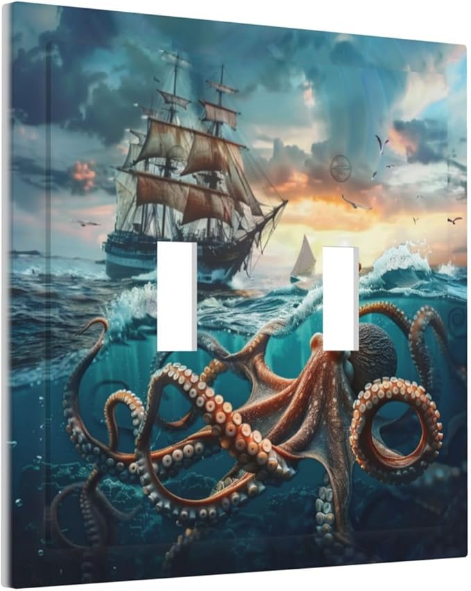Light Switch Cover Plate Sailboat Ship Octopus Ocean Sea Waves 2 Gang Double Toggle Decorative Switch Plates Wall Plates Electrical Faceplate for Bathroom Bedroom Decor