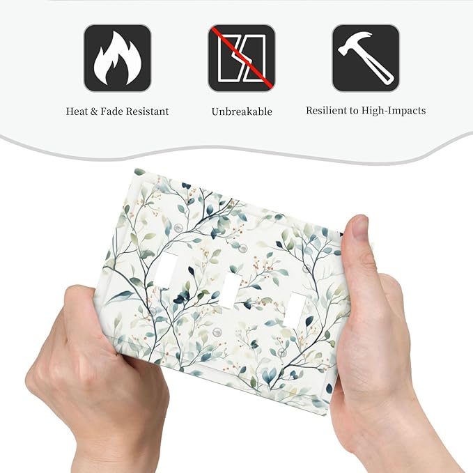 Watercolor Floral Green Leaves 3 Gang Light Switch Cover Green Botanical Flowers Triple Toggle Wall Plate Decorative Electrical Switchplates for Country Bedroom Kitchen Living Room Decor