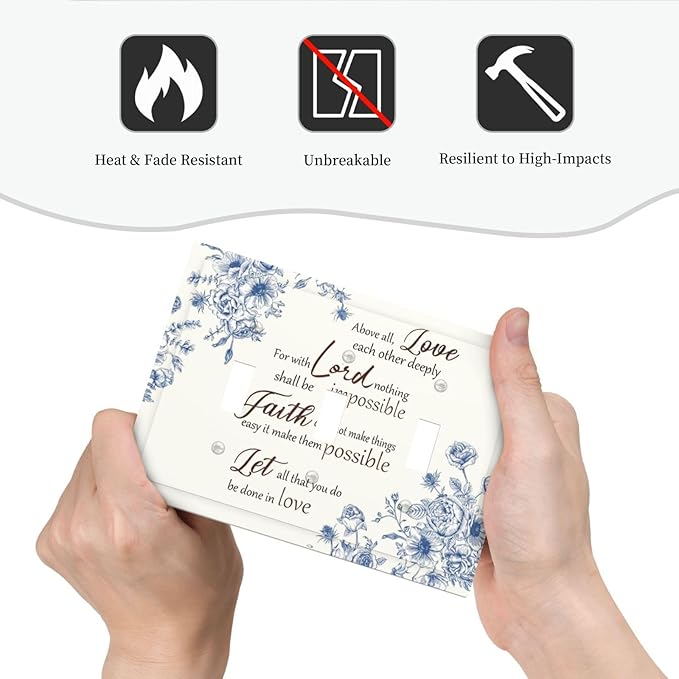 Decorative Light Switch Cover Plate Inspirational Quotes Blue Flower Floral 3 Gang Wall Plates for Electrical Outlets Triple Toggle Switch Plate Covers Outlet Covers Faceplate for Home Decor