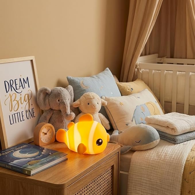 Cute Clownfish Night Light - Silicone Pat Pat Lamp with 3-Level Brightness Adjustment, Timer Function, Rechargeable Touch Control Nursery Nightlight for Baby Bedroom Decor