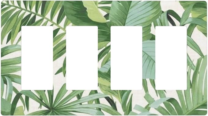 Green Tropical Palm Tree Leaf 4 Gang Quad Rocker/GFCI/Decorator Light Switch Cover Plate Decorative Electric Faceplate Decorative Switchplate Screwless