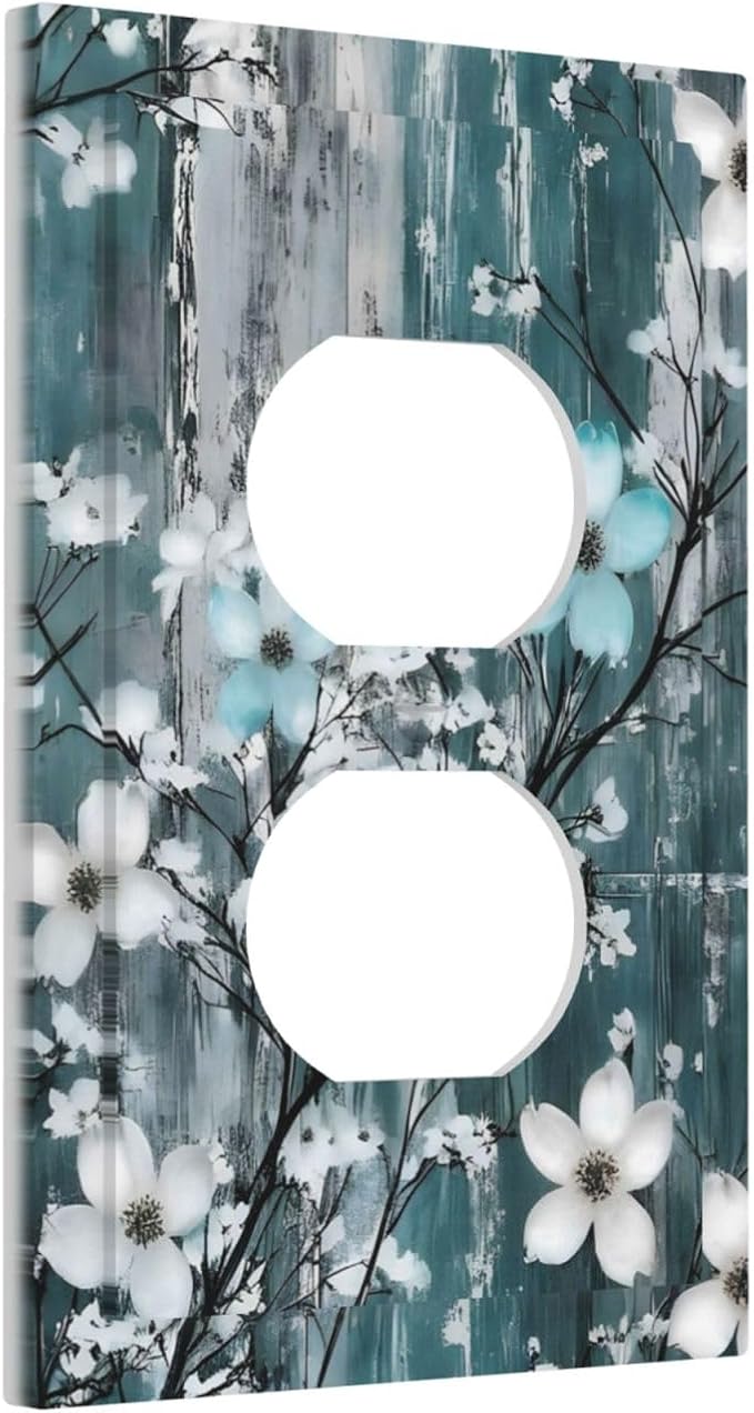 Rustic Blue Watercolor Flower Wooden Background Outlet Covers 1 Gang Duplex Light Switch Cover Decorative Switch Plates Electrical Receptacle Faceplate Wall Plate for Bedroom Living Room Decor