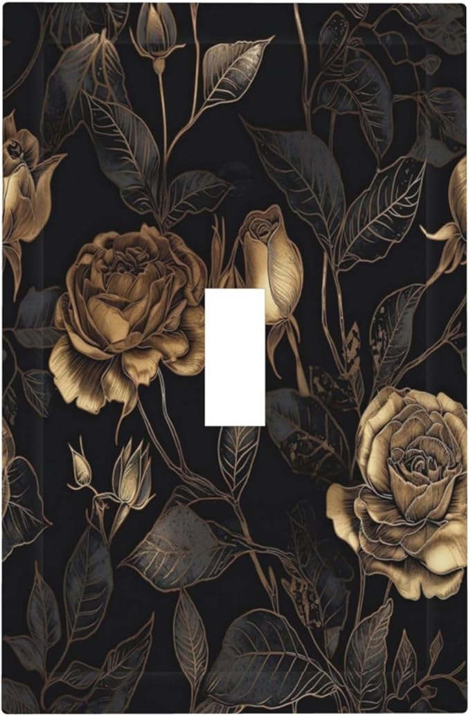 Black Floral Dark Vintage Gold Rose Flower Decorative Light Switch Cover 1 Gang Single Toggle Device Electrical Faceplate Switchplates Decorator Outlet Wall Plate for Bedroom Living Room Decor