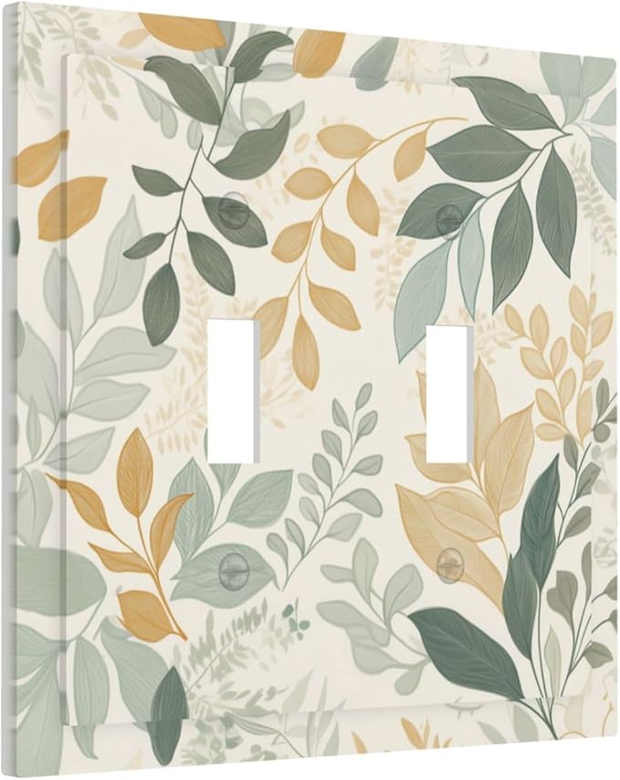 Boho Watercolor Leaves 2 Gang Light Switch Cover Green Botanical Double Toggle Wall Plate Decorative Electrical Switchplate Covers for Country Bedroom Kitchen Home Living Room Decor