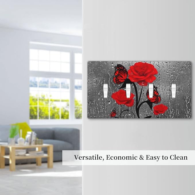 Butterfly Red Rose Flower 4 Gang Light Switch Cover Decorative Quad Toggle Wall Plate Electrical Faceplate For Girls Bathroom Bedroom Home Decorative 8" x 4.5