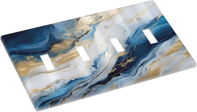 Abstract Blue Granite Luxury Watercolor Marble Texture Print Quad Toggle Light Switch Covers Decorative Unique 4 Gang Wall Plate Electrical Faceplate Switchplate for Bedroom Bathroom Decor
