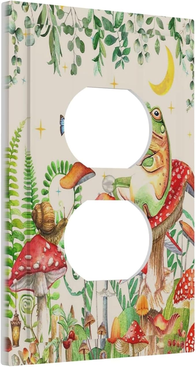 Outlet Covers Boho Mushrooms Frogs Butterflies Flowers Moon Stars 1 Gang Duplex Electrical Receptacle Faceplate Light Switch Cover Wall Plate Decorative Switch Plates for Kids room Bedroom