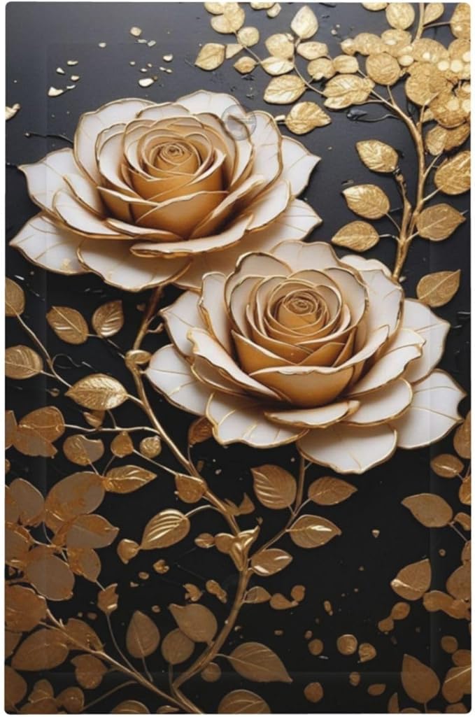 Decorative Light Switch Plate Covers Big Golden White Roses Glod Leaves Black Background 1 Gang No Device Switch Cover Plate Single Blank Wall Plate Switchplate Electrical Faceplate