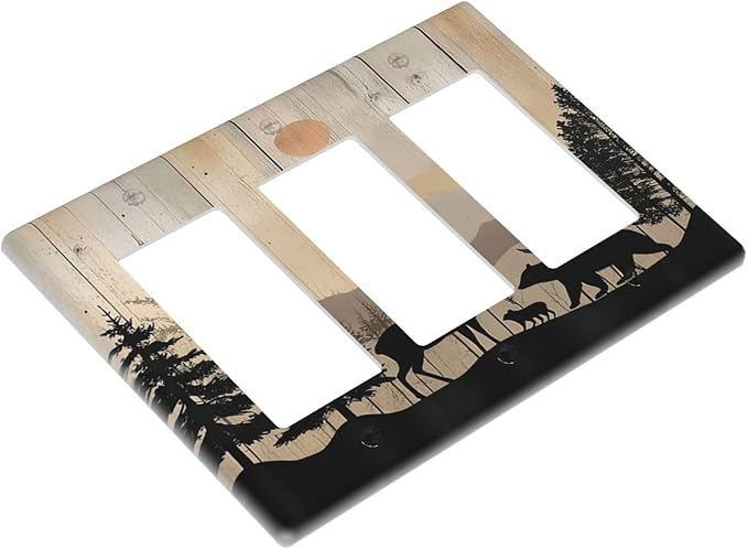 Light Switch Covers Wood Board Wildlife Cute Bear Deer Forest Rustic 3 Gang Rocker Electrical GFCI Decorative Triple Outlet Wall Plate Cover Switchplate for Bathroom Farmhouse Decor