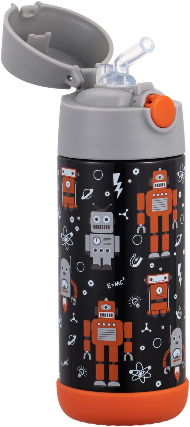 Snug Insulated Kids Water Bottle with Straw & Spout – Double-Wall Stainless Steel, Leakproof, Easy-Flip Lid – For School, Travel, Toddlers & Big Kids - Robots, 12oz