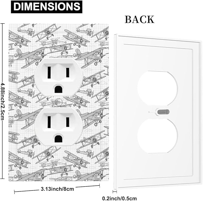 Vintage Biplane Duplex Wall Plate - 1-Gang Standard US Size Aviation Blueprint Grid Outlet Covers, Retro Pilot Dream for Boys Room