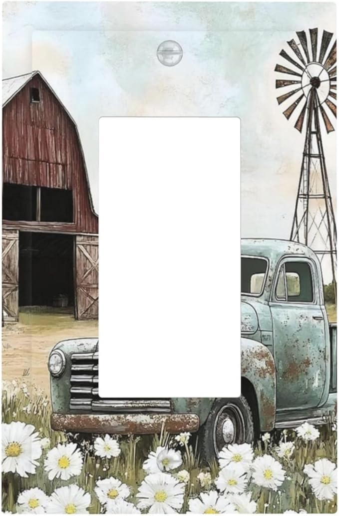Retro Trucks Old Barn Windmill Teal Car Rustic Decorative Outlet Covers 1 Gang Single Rocker Light Switch Cover Plate Wall Plates GFCI Faceplate for Farmhouse Home Decor