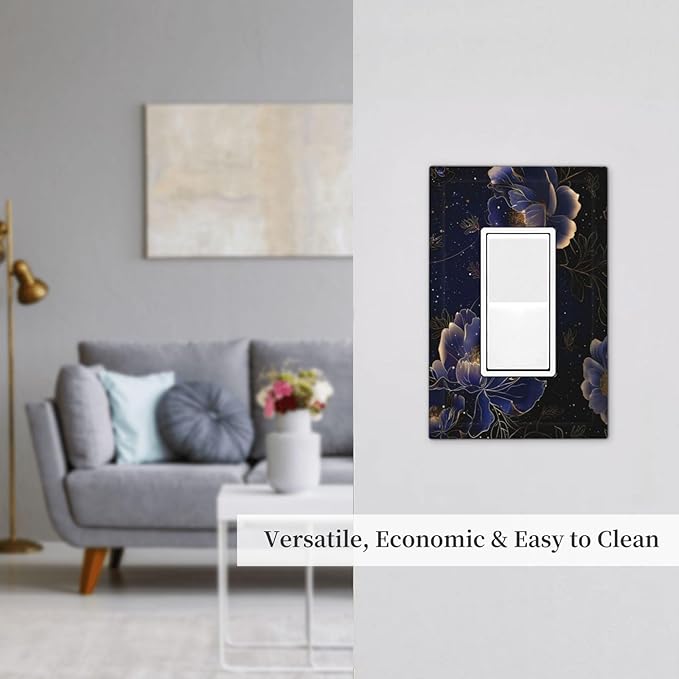 Navy Blue Floral Vintage Flower Dark Watercolor Decorative Outlet Covers 1 Gang Single Rocker Light Switch Cover Plate Wall Plates GFCI Faceplate for Bedroom Living Room Decor
