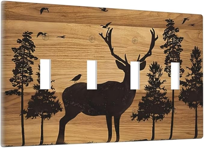 Elk Moose Forest Hunting Pyrography Art Wood Texture Print Light Switch Covers Quad Toggle Electrical Faceplate 4 Gang Wall Plate Decorative Switch Plates Cover for Farmhouse Bedroom Decor
