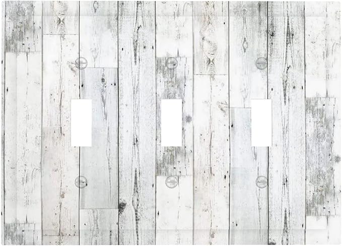 Grey White Wood 3 Gang Triple Toggle Light Switch Wall Plate Cover Decorative Electrical Faceplate for Rustic Barn Door Home Living Room Decorate 6.7" x 4.8
