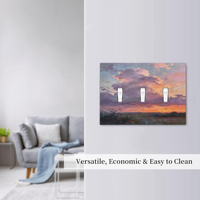 Abstract Sunset Dusk Natural Scenery Wild Flowers Decorative Switch Plates 3 Gang Wall Plate Triple Toggle Light Switch Cover Faceplate Electrical Wall Panels for Farmhouse Bedroom Decor