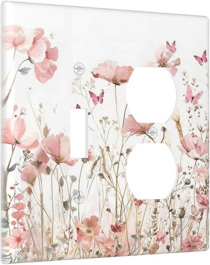 Boho Floral Watercolor Pink Wildflower Butterfly Wallplates 1 Toggle 1 Duplex Switch Plate Electrical GFCI Faceplate Decorative Light Switch Covers for Bedroom Living Room Decor