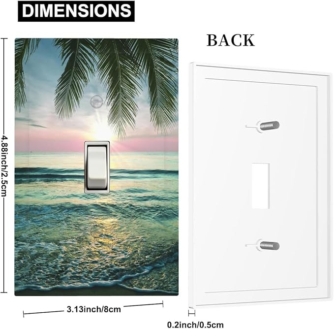 Tropical Beach Sunset 1-Gang Toggle Light Switch Plate, Palm Fringe Ocean View Decorative Wall Plate for Pool Beach House Decor