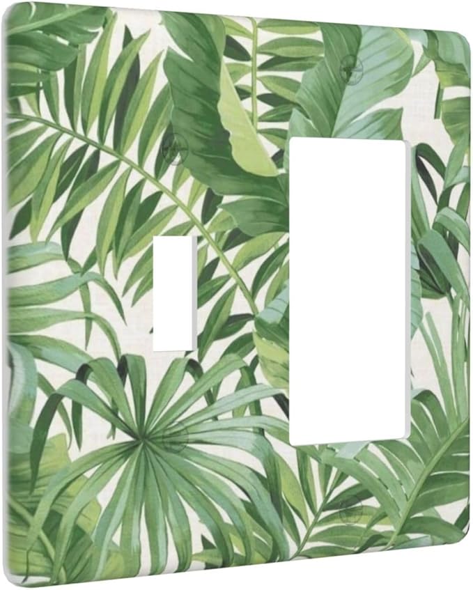 2 Gang Combination 1-Toggle 1-Rocker GFCI/Decorator Outlet Light Switch Cover Green Summer Tropical Forest Banana Palm Tree Leaf Plant Nature Decorative Combo Two Dual Device Receptacle Wall Plate