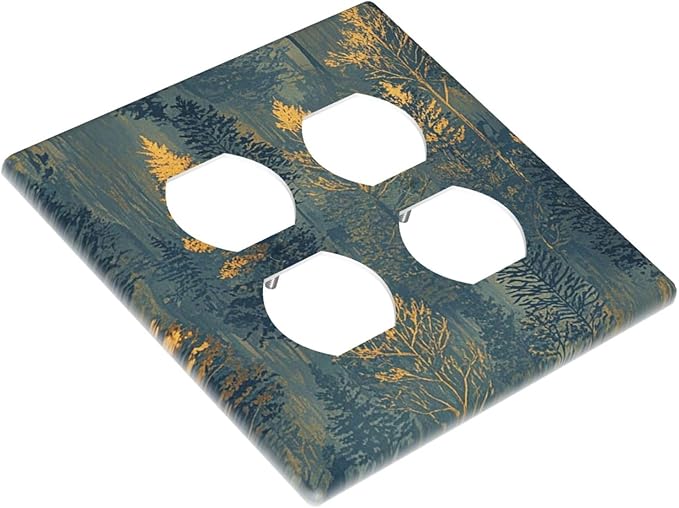 Decorative Outlet Covers with Golden Trees & Abstract Gradient Forest Landscape Design 2 Gang Wall Plate Double Duplex Receptacle Light Switch Cover Switch Plate Cover Blue Retro Home Decor