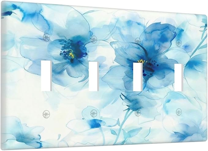 Watercolor Flower Blue White Large Floral Leaf Plants Light Switch Covers Quad Toggle Electrical Faceplate 4 Gang Wall Plate Decorative Switch Plates Cover for Bedroom Living Room Decor
