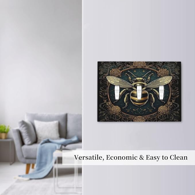 Decorative Switch Plates Mid Century Bee Dark Floral 3 Gang Wall Plate Triple Toggle Light Switch Cover Faceplate Electrical Wall Panels For Home Office Decor