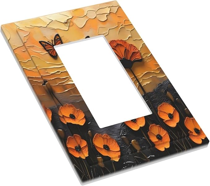 Oil Painting Flower Sunset Butterfly Vintage Rustic Floral Decorative Outlet Covers 1 Gang Single Rocker Light Switch Cover Plate Wall Plates GFCI Faceplate for Bedroom Living Room Decor