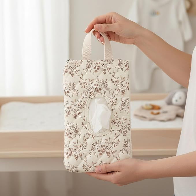 Quilted Baby Diaper and Wipes Pouch Portable Mommy Bag for Stroller Reusable Wipes Pouch with Lanyard for Casual Travel (Beige+Beige)