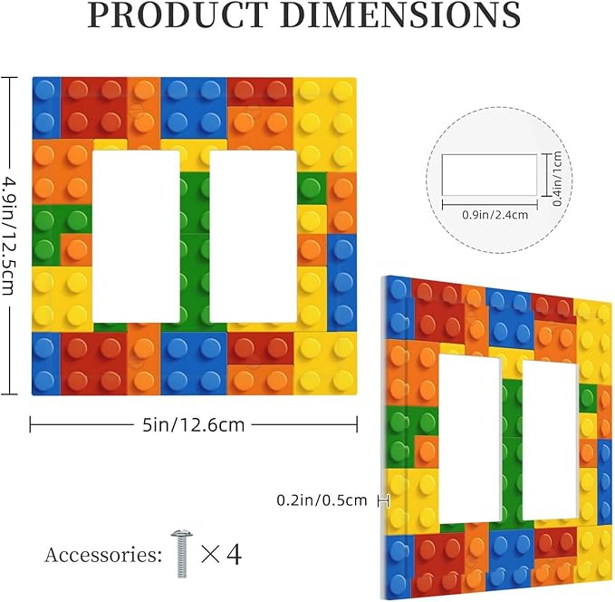Building Blocks Theme Colored Bricks Print Decorative Outlet Covers 2 Gang Double GFCI Rocker Electrical Wall Panels Light Switch Cover Plate for Room Office Home Decor