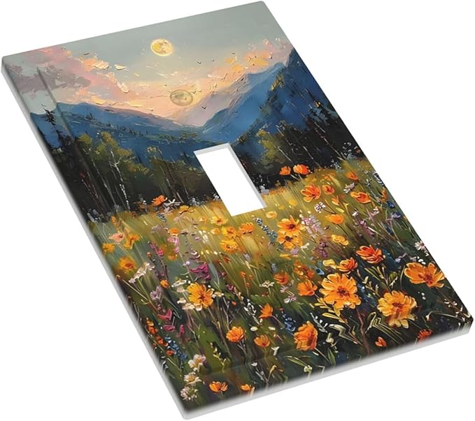 Sunset Wild Flower Field Floral Nature Landscape Decorative Light Switch Cover 1 Gang Single Toggle Device Electrical Faceplate Switchplates Decorator Outlet Wall Plate for Farmhouse Bedroom Decor