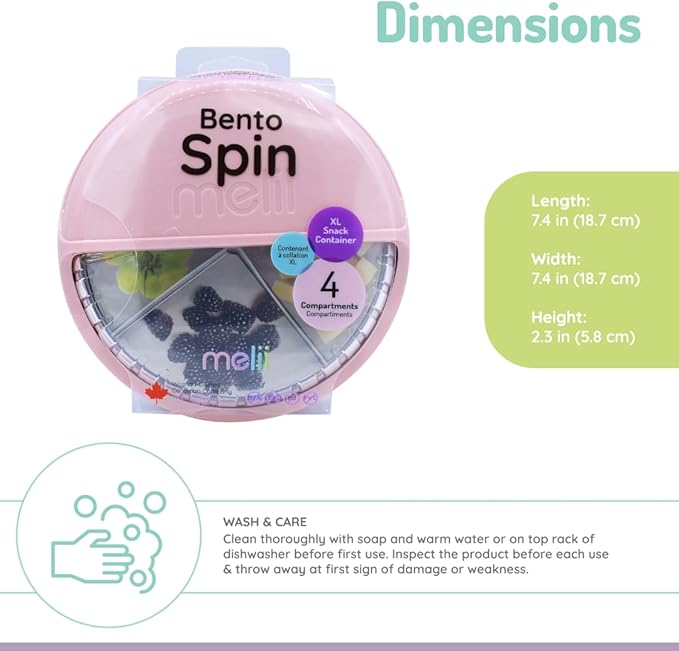 melii Bento Spin Lunch & Snack Container, Food Storage for Kids, BPA-Free, Dishwasher Safe – 4 Compartments, Pink