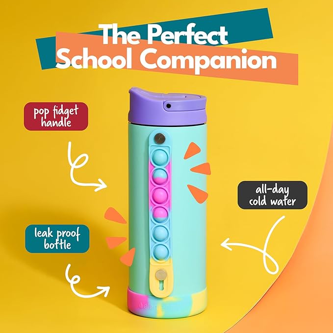 Elemental Iconic Kids Water Bottle with Straw Lid & Stress Relief Pop It Handle, Leak-Proof When Closed, Triple Insulated Kids Stainless Steel Water Bottle For Girls and Boys, 14oz - Blue Tie Dye