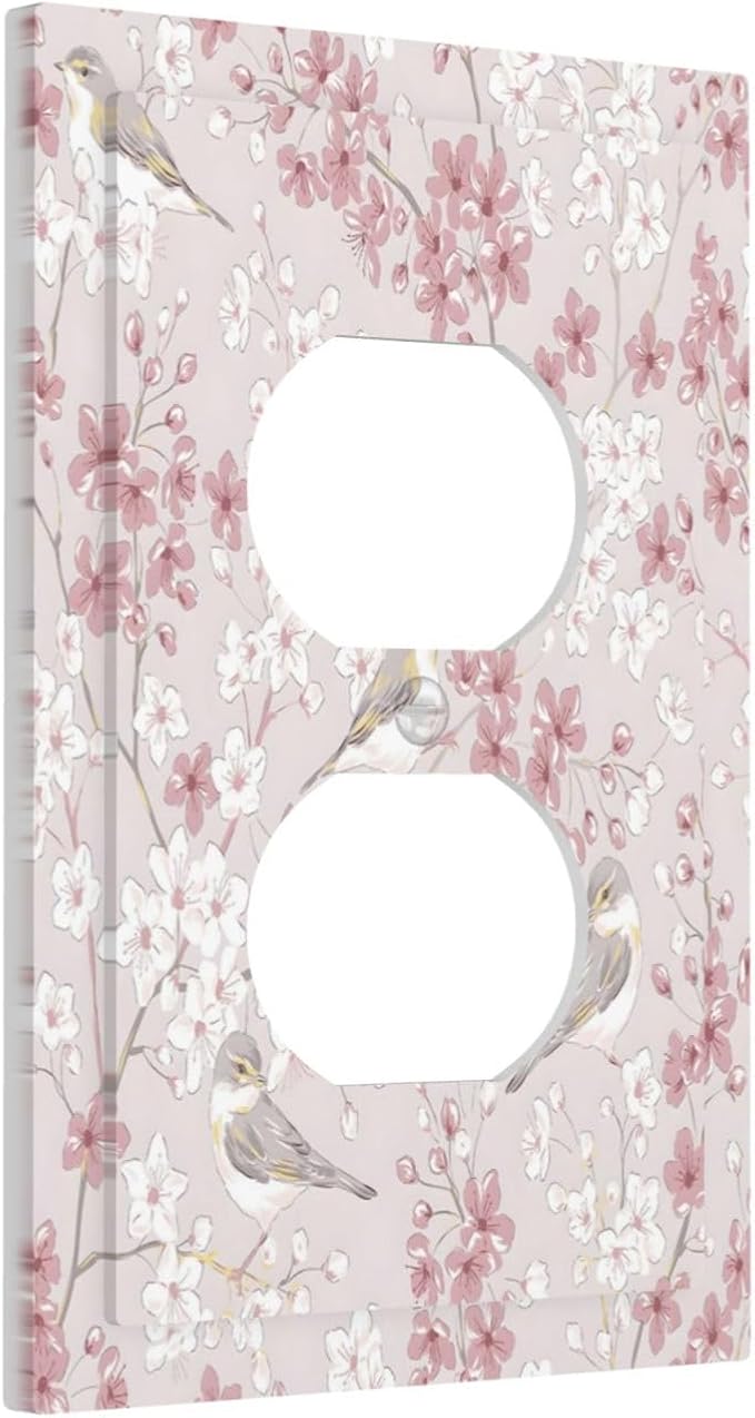 Pink Sakura Cherry Blossom Vintage Bird Floral Flower Outlet Covers 1 Gang Duplex Light Switch Cover Decorative Switch Plates Electrical Receptacle Faceplate Wall Plate for Bedroom Living Room Decor