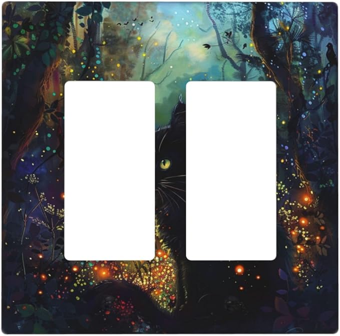 Light Switch Cover Plate Magic Fantasy Forest Mysterious Black Cat 2 Gang Double Rocker Outlet Covers Decorative Switch plates Electrical Wall Plates GFCI Receptacle for Kid Room Bathroom