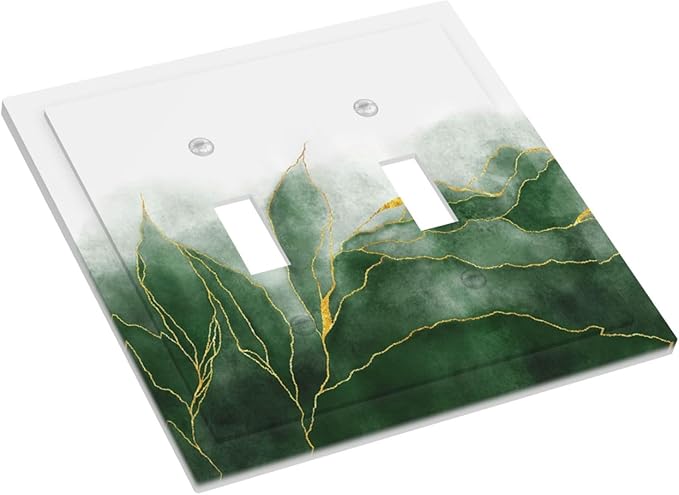 Light Switch Cover Plate Green Gold Leaf Marble Modern Abstract 2 Gang Double Toggle Decorative Switch Plates Plug Cover Wall Plates Electrical Faceplate for Kitchen Bathroom Decor