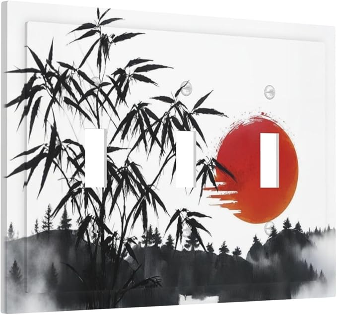 Decorative Light Switch Plate Covers Artistic Describe Black Bamboo Japanese Red Sun 3 Gang Wall Plate Switch Cover Plate Triple Toggle Jumbo Electrical Faceplate for Bedroom Decor