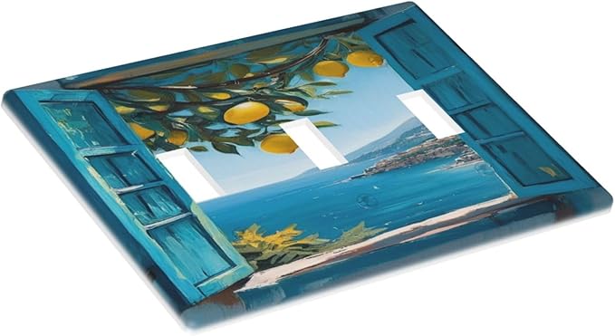 Decorative Art Light Switch Covers Seaside Window with Lemons 3 Gang Triple Toggle Wall Plate Decorative Switch plate Electrical Faceplate for Home Decor