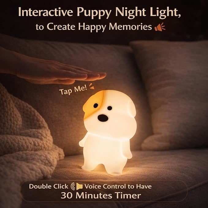 Puppy Night Light for Kids - Squishy Silicone Dog Lamp with Dimmable & 7 RGB Color Changing, Animal Sound, Rechargeable BPA-Free, Dog Nightlight Gift for Children/Teens/College Students