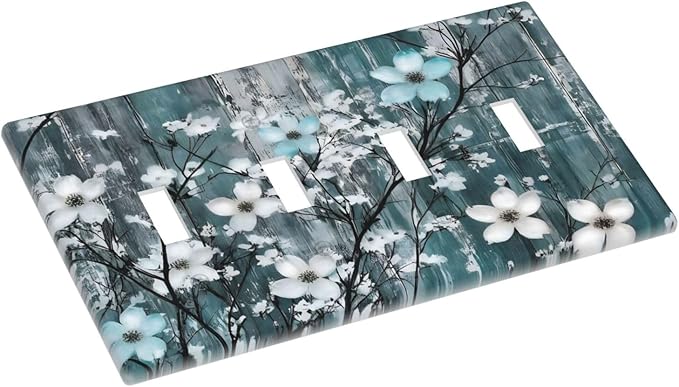 Rustic Blue Watercolor Flower Wooden Background Light Switch Covers Quad Toggle Electrical Faceplate 4 Gang Wall Plate Decorative Switch Plates for Bedroom Living Room Decor