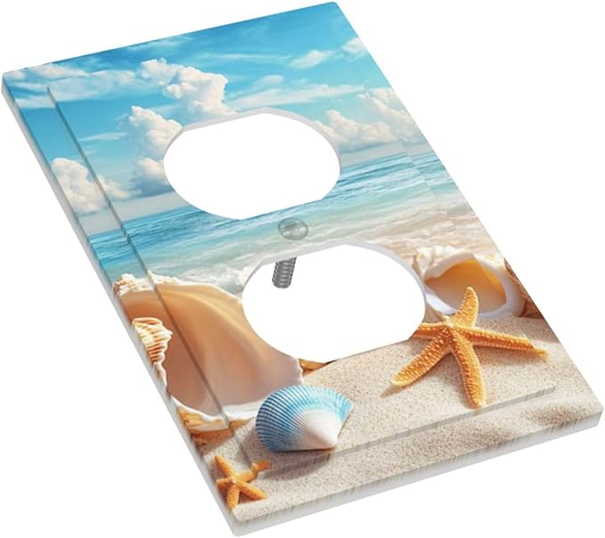 Beach Coastal Seashore Sea Starfish Shell Sand Outlet Covers 1 Gang Duplex Light Switch Cover Decorative Switch Plates Electrical Receptacle Faceplate Wall Plate for Bathroom Home Decor