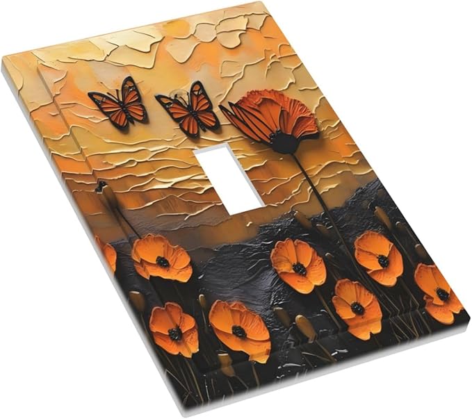 Oil Painting Flower Sunset Butterfly Vintage Rustic Floral Decorative Light Switch Cover 1 Gang Single Toggle Device Electrical Faceplate Switchplates Decorator Outlet Wall Plate for Bedroom Home