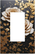 Decorative Outlet Covers Big Golden White Roses Glod Leaves Black Background 1 Gang Single Decora GFCI Device Light Switch Covers Plate 1 Rocker Wall Plate Jumbo Switch Cover Plate