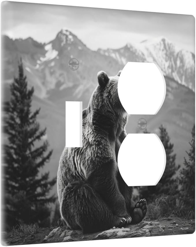 Light Switch Cover Plate Black White Bear Mountain Pine Trees Wilderness 2 Gang Decorative Switch Plates 1 Toggle Duplex Combo Outlet Covers GFCI Wall Plates for Bathroom Bedroom Decor