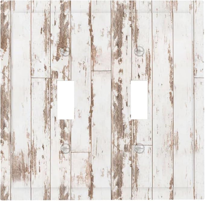 White Grey Wood 2 Gang Double Toggle Light Switch Cover Decorative Wall Plate Faceplate for Kids Boys Girls Bathroom Home Living Room Decor 5" x 4.9