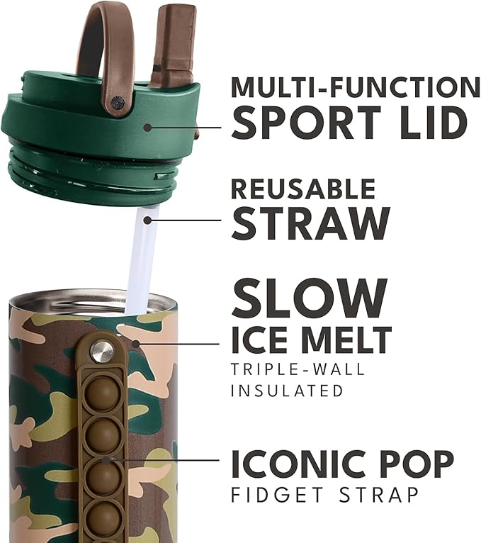 Elemental Iconic Kids Water Bottle for School - 100% Leak-Proof Insulated Water Bottles with Straw Lid & Pop-It Handle for Boys & Girls - Triple-Wall Insulated & BPA-Free, 20oz – Green Camo